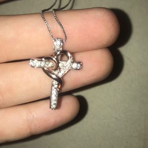 Silver Cross rose gold heart diamond necklace